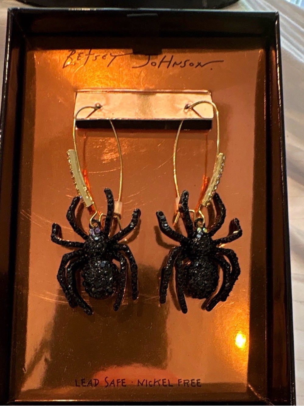 Betsey Johnson Gold Hoop Earrings with Black Glitter Spider Charms